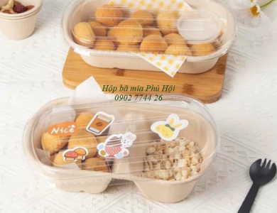 Hộp bã mía 2 ngăn kèm nắp nhựa PET 750ml